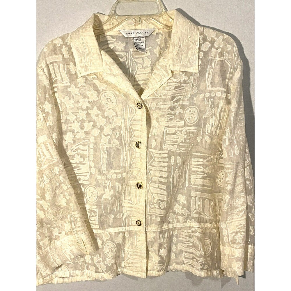NAPA VALLEY Womens Sheer Blouse L Beige Button Front Burnout Top Vintage